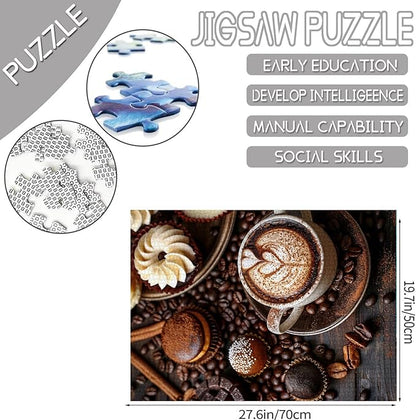 Tucocoo Coffee Cup Jigsaw Puzzles for Adults 1000 Pieces, Coffee Beans Pastry Gourmet Art Style Brown Painting 27x20 inch DIY Puzzles for Home Decoration Gifts, Family Puzzle Perfect for Game Nights