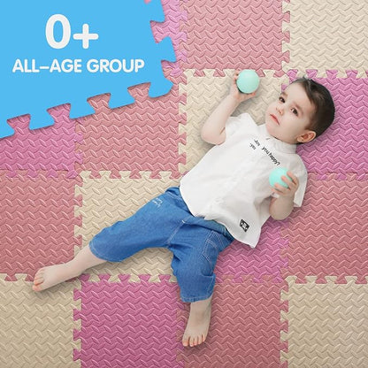 16 Tiles Foam Play Mat for Baby, Soft & Safe EVA Foam Mats for Floor, Square Baby Play Mat, Solid Colored Kids Foam Puzzle Floor Mat, 47x47 Play Mat for Playpen(Beige/Pink/Loli Pink)
