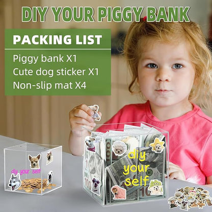 Clear Piggy Bank for Adults/Kids, Acrylic Unopenable Money Box for Cash Coin Saving, Must Break to Open, Money Saving Jar for Adults Boys Girls, Size 5.9''