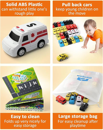 Coogam Alphabet Maze, 26pcs Pull Back Car with Play Mat Preschool Letter Matching Game for 3 4 5 Years Old, Montessori Educational Fine Motor Gift Toy for Toddler Kids