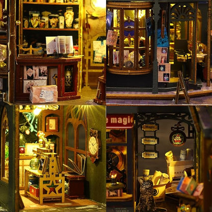 Miniature House Kit DIY Mini House Building Kit with LED Light, DIY Mini Dollhouse with Furniture Book Nook Kit, 3D Wooden Puzzle Wooden Bookend Shelf Insert Decro (Holo Magic City)