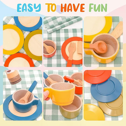 30 PCS Wooden Play Dishes and Plates for Kids, Montessori Wooden Kitchen Accessories Tableware Set Toys for Toddler Gifts, Pretend Play Food Sets for Children Birthday 3 4 5 6 Boys Girls