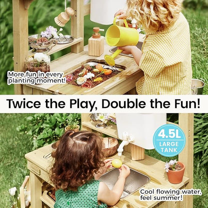 Tiny Land Outdoor Mud Kitchen for Kids, Wooden Play Kitchen with Water Tank, Water Play, Cooking, & Sensory Fun, Durable & Weather-Resistant Design with Storage, Gift for Ages 3+