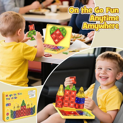 Mini Magnetic Tiles Travel Set - 40PCS Diamond Texture Magnetic Building Blocks for Kids, 10% Thicker & Portable Yellow Metal Storage Box, Montessori STEM Educational Toys Gift for Ages 3+
