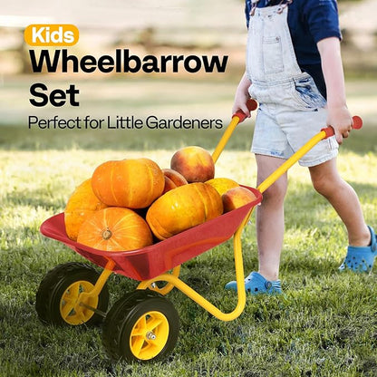VIVOHOME Kids Wheelbarrow Children Garden cart with Toddler Gardening Tool Set Child Wheel Barrel Outdoor Indoor Toys Gift Red