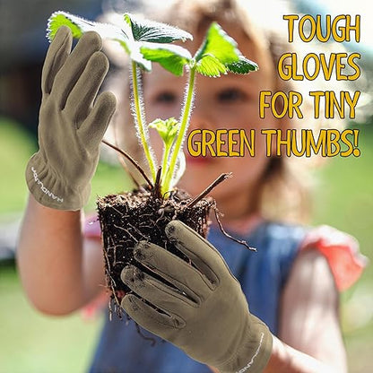 HANDLANDY Kids Genuine Leather Work Gloves for ages 3-11, Children Gardening Gloves for Boys, Girls (Small (for age2-4), Khaki)