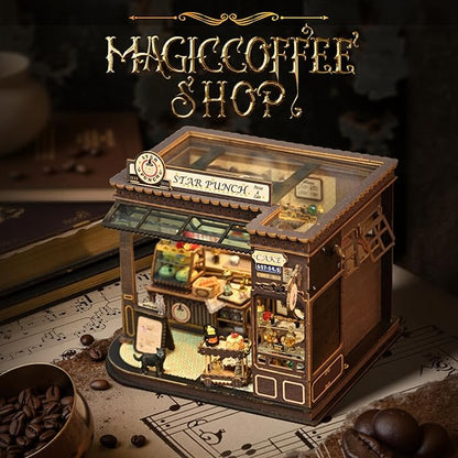 [2025 New] Coffee Shop Miniature House Kit with LED Light, Book Nook Kit with Cover for Birthday, 3D Wooden Bookends Puzzle Bookshelf Decor Building Kit Birthday Gifts for Family, Friends