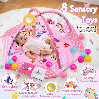 Unicorn Baby Gym Play Mat, 9-in-1 Tummy Time Mat with 7 Baby Toys, Washable Baby Activity Mat for Visual, Sensory, Motor Development, Newborn Baby Toys Gift for Toddler 0-3-4-6-9-12 Months