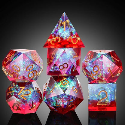 Shiny D&D Dice,DNDND Handmade Double Layers Sharp Edge Die with Gift Case for D&D Dungeons and Dragon Games (Red and Blue)