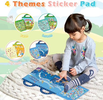 Reusable 4-Set Sticker Books for Toddlers 2-4, Toy Stickers Pad Reusable Sticker Books for Toddlers 1-3 Fashion Activity, Birthday Gift Toy for Girl Boy(Farm, Ocean Animals, Insects,Body)