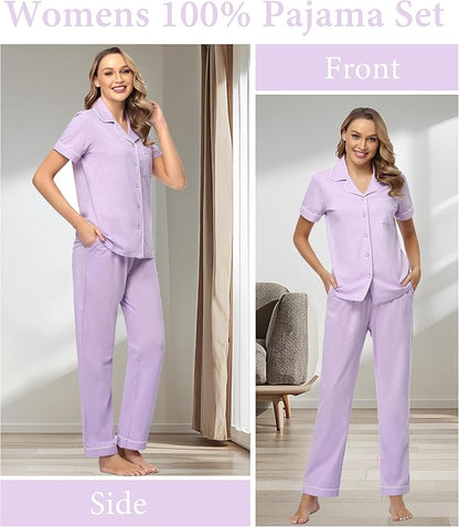 CF Womens 100% Cotton Pajamas Set Button Down Pjs Sets Short Sleeve Top & Long Pants Sleepwear Comfy Loungewear with Pockets