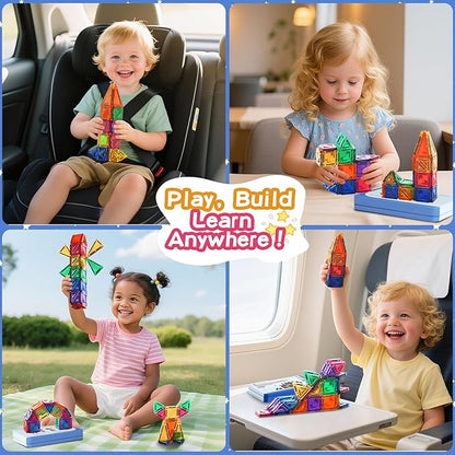 Travel Magnetic Tiles Toddler Toy Set, 42PC Mini Magnetic Tiles & Building Blocks for Kids, Portable STEM Sensory Toys for Restaurant & Airplane, Gift for 3+ Years Old Boys Girls with Iron Case