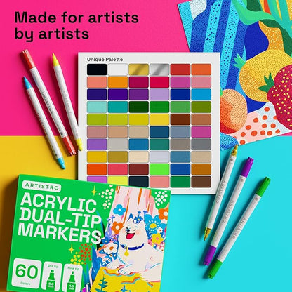 ARTISTRO 60 Acrylic Paint Markers for Rock, Fabric, Wood, Glass, Craft, Decoration - Dual-Tip Paint Pens - Stocking Stuffers, Christmas Gift Idea for Teens, Grandkids, Kids - Art Supplies