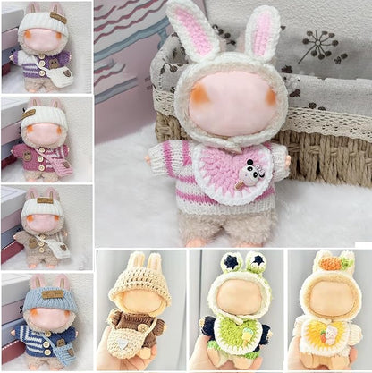 Clothes for Labubu 17cm Labubu Accessories Crochet 3 Piece Set Outfits for Labubu(Pink Rabbit)