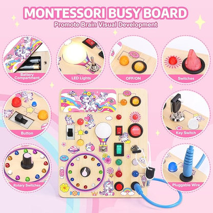 Toddler Busy Board,Montessori Toys for 1-3 Years Old,Baby Sensory Board,Wooden Learning Toys,Christmas & Birthday Gift for Boys & Girls (Unicorn Busy Board v2)