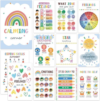SEOIFUNG 12PCS Calming Corner Classroom Posters (11x17), Emotions Chart Feelings Wheel Calm Down Corner Supplies, Mental Health Therapy Office Wall Decor for Preschool Kids Teacher