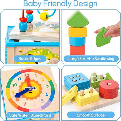 Wooden 7-in-1 Activity Cube, Montessori Toys for 1 Year Old Toddlers, Baby Educational Developmental Toys, One Year Old Boys Girls First Birthday Gifts with Bonus Sorting & Stacking Board