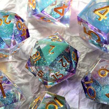 Iridescent Plating Glitter Liquid Core Sharp Dice, DNDND Handmade DND Resin Sharp Edge D&D Die with Gorgeous Gift Case for Dungeons and Dragon Tabletop Games (Iridescent Plating Liquid Core)