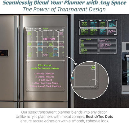 Clear Non-Magnetic Calendar Set for Fridge - Dry Erase Transparent Monthly and Weekly Calendar, List and Blank Whiteboard - Sticks to Wall, Glass, Door, Any Smooth Surfaces