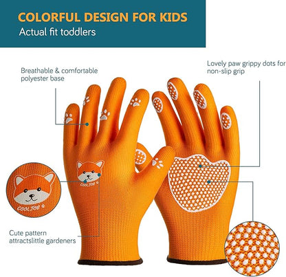 COOLJOB Large Toddler Gardening Gloves for Little Boys Girls Ages 6-9, Breathable Kids Work Gloves with Grippy Animal Paw Dots for Children Yard Landscape, Orange Dog, 1 Pair