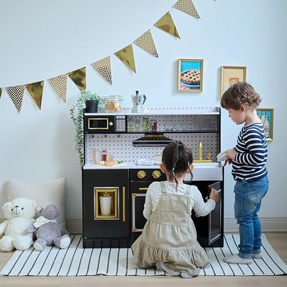 Teamson Kids Wooden Play Kitchen for Toddlers with Accessories, Pretend Cooking Set for Kids Age 3+, Black Toy Kitchen Playset, Retro Design, Realistic Features for Boys & Girls, St. Louis Collection