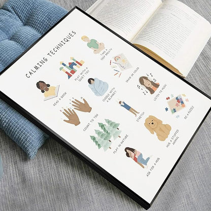 uoyien Calming Corner Classroom Mental health Poster Feelings Calming Techniques Canvas Wall Art Boho Emotions Chart for Kids Prints Special Education Wall Decor for Office 12x16in Metal Framed
