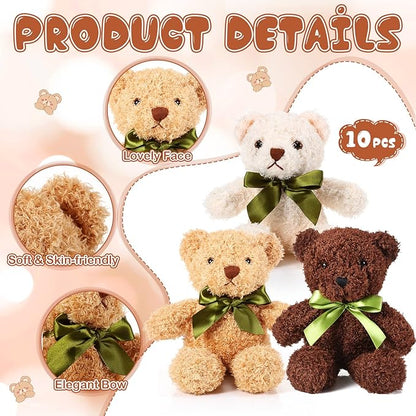 HyDren 6 Pcs Bear Stuffed Animal Plush Toys Soft Plush Dolls Bear Sleeping and Playing Toys for Baby Shower Decoration Boy(Fuzzy Style,White, Brown, Dark Brown)