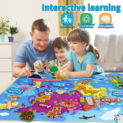 Taika World Felt Set, Felt World Map with World Famous Sights, Educational Play Mat Flannel Board Set, 43x28 inch Preschool Learning Flannel Board for 4+