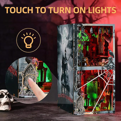Haunted Horror Book Nook Kit, DIY Miniature Dollhouse Halloween Booknook Kit, Spooky Creepy Scary 3D Wooden Puzzle Bookend Bookshelf Insert Decor with LED Light (Haunted Mansion)