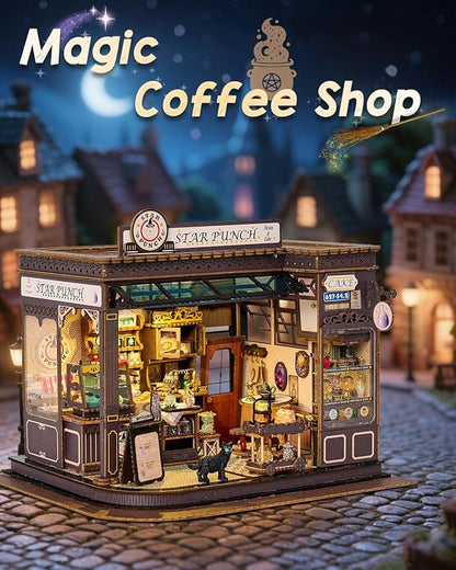 Miniature House Kit Magic Coffee Shop, DIY Miniature Dollhouse Kit for Adults, Tiny House with Furniture & LED Lights, Wooden Craft Mini Model Kits, Birthday Gift for Teens Family Friends