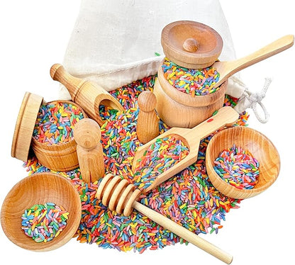 Rainbow Rice and Sensory Bin Tools (10 Pieces), Wooden Sensory Bin Tools and Scoops with Chemical-Free and Food-Safe Rice, Table Tools for Fine Motor Skills