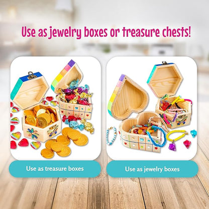 GirlZone Jewelry & Treasure Box, DIY Jewelry Box, DIY Craft for Kids Include Wooden Boxes, Shapes, Acrylic Paint Pens, Gem Stickers & Table Cover, Ideal Painting Crafts for Girls, Valentine Gifts