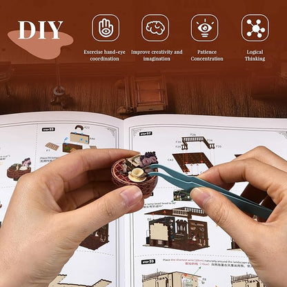 Book Nook Kit Music, DIY Miniature House Kit Book Nook, 3D Wooden Puzzle Bookshelf Insert Diorama Kit with Led Light for Teens and Adults (Timeless Melody)