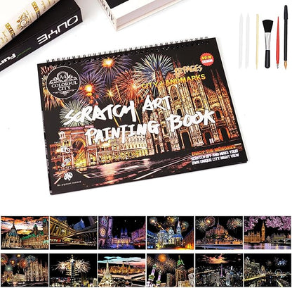 Scratch Art Book for Adults - 12PCS Scratch Painting Foil Art for Adults Scratch City Series Books Foil Engraving Scratch Art Adult Set with 6 Tools