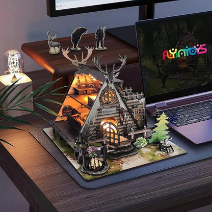 Model Kit Adult Miniature House Kit, Doll Houses Book Nook DIY Kit with Furniture and USB -LED Light, Bookshelf Miniature Scenes, Dollhouse Kits for Adults, Children (Hunting-Cabin)