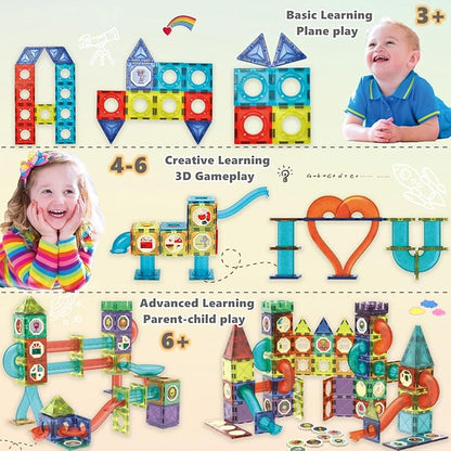 Magnetic Tiles Building Blocks Toys for Kids,144 PCS Magnet STEM Construction Set with LED Lights & Marble Run | Educational Learning Creative Gifts for Kids Ages 5-12 Boys and Girls