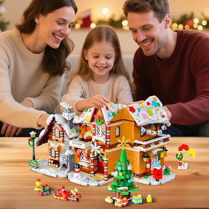 2025 Christmas 3 Style Gingerbread House Building Set with Light - 1477PCS Christmas Village Castle Building Block Toy with Santa Claus Xmas Tree Train for Adults Kids Girls Boys Ages 6+