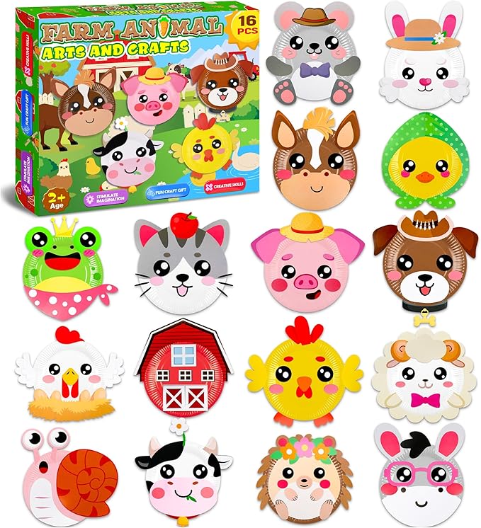 16 Pack Arts and Crafts for Kids, Toddler Crafts Animal Paper Plate Art Kit Gift for 3 4 5 6 Year Old Boys Girls DIY Kids for Birthday Party Favor Preschool Classroom Party Games (Farm)