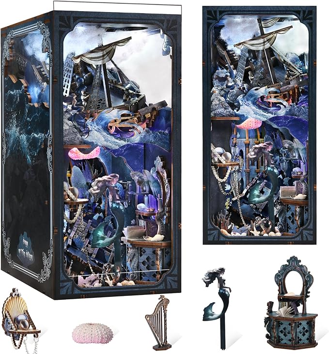Book Nook Kit, 3D Wooden Puzzle for Adults Teen, DIY Ocean Miniature Dollhouse Booknook Kit with Led Light and Dust Cover (Song of The Sirens)