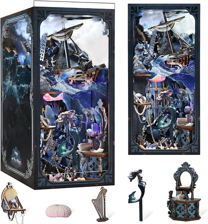 Book Nook Kit, 3D Wooden Puzzle for Adults Teen, DIY Ocean Miniature Dollhouse Booknook Kit with Led Light and Dust Cover (Song of The Sirens)