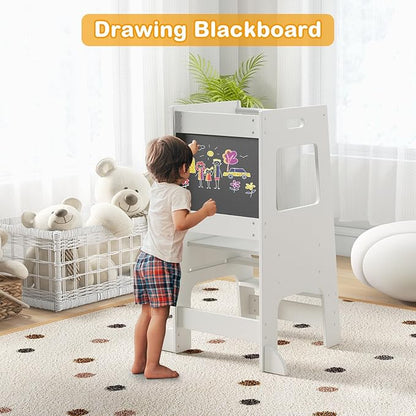 INFANS Toddler Standing Tower, Kids Montessori Kitchen Step Stool Helper with 2 Adjustable Height Learning Blackboard Safety Rail Wooden, Anti-Slip Mats, 1-3 Year Old Boy Girl Gifts (White)