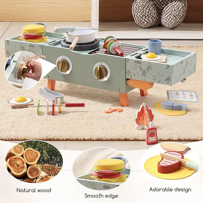 Wooden Kids Grill Playset with Play Kitchen Accessories| Pretend Play Toys for Toddlers 3-5, Cooking BBQ Play Food Toy for 3+ Year Old Boys & Girls, Birthday Gifts for Kids