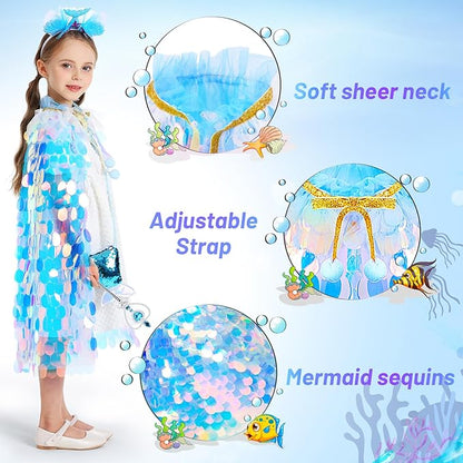 Princess Dress Up Toys Princess Dress Up Clothes Rainbow Mermaid Cape Kit 9 Pcs Gift Set for Little Girls 3-8 Years