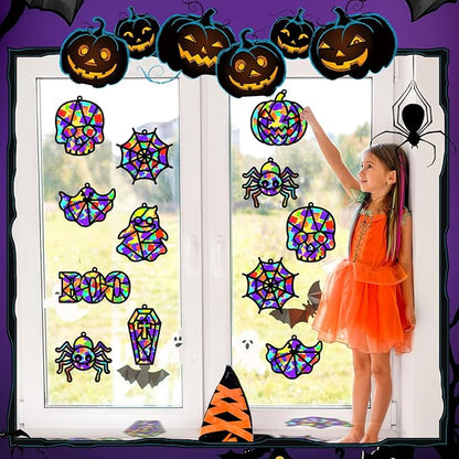 32 Sets Halloween Suncatchers Craft Kit DIY Window Stained Glass Effect Ghost Spider Skull Pumpkin Paper Crafts Home School Classroom Decoration Kid Birthday Gift Creative Art Project Activity Game