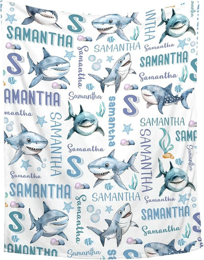 Personalized Baby Blanket for Girls Boys Kids Shark Custom Baby Blanket with Name Throw Birthday Gift for Toddlers Infants Shower Newborns Nursery Stroller Crib Bed Decor