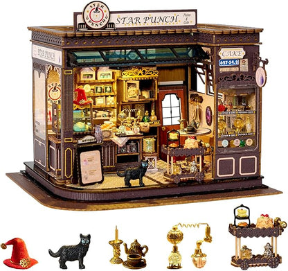 Miniature House Kit Magic Coffee Shop, DIY Miniature Dollhouse Kit for Adults, Tiny House with Furniture & LED Lights, Wooden Craft Mini Model Kits, Birthday Gift for Teens Family Friends