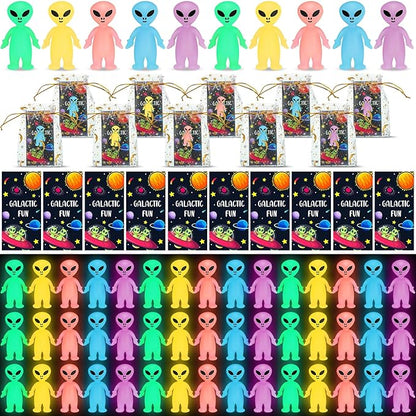 40 Pcs Glow in The Dark Mini Alien Figures Set with Card and Gift Bag for Space Birthday Party Favors Halloween Little Small Tiny Alien Figurines Statue for Hide and Seek (Colorful)