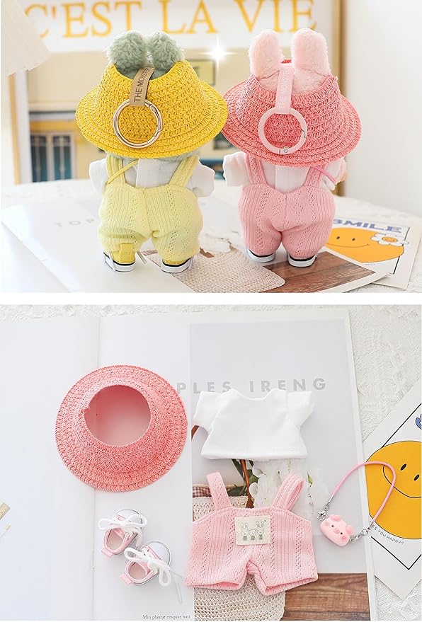 5 Pcs/Set 15-17cm Doll Clothes for Labb Rabbit Bunny, Lovely Girly Doll Clothing Straw Hat+Overalls+T-Shirt+Handbag+Canvas Shoes, Fashionable Outfit for Dress up, Doll Costume Fashion Dresses -Pink