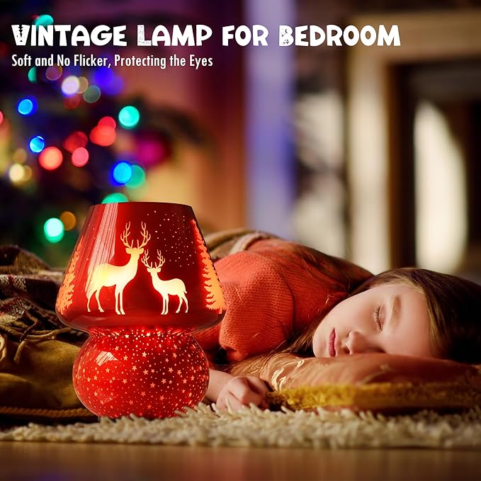 Christmas Battery Operated Mushroom Lamp - Vintage Small Table Lamp with Timer, Cordless Bedside Nightstand Lamp, Glass Battery Powered Lamp for Bedroom Kitchen Living Room Decor Aesthetic