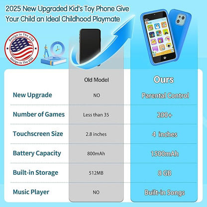 Kids Toy Phones with Dual Camera, Learning Toys Phones Gifts for Kid 3-12 with 200+ Educational Puzzle Games, 4" Touchscreen Rechargeable Blue Child Smartphones with Parental Control
